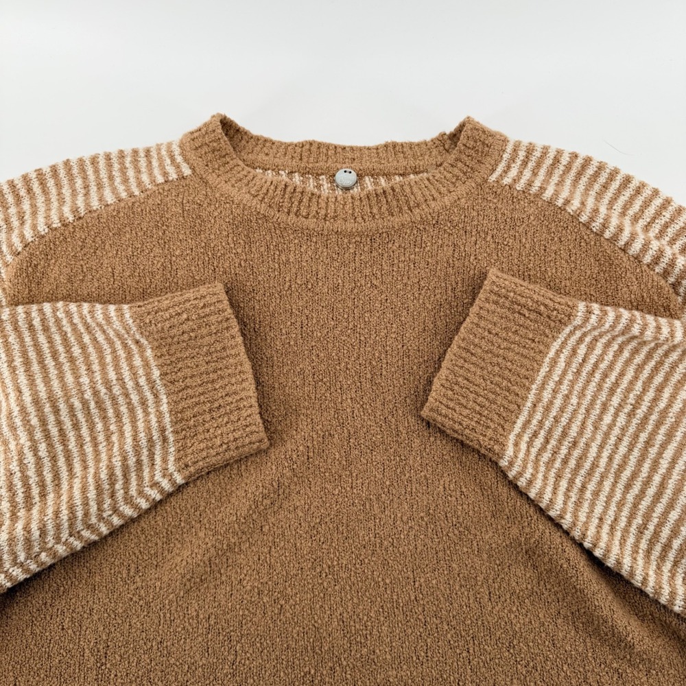 Margaret O'Leary Striped Raglan Boucle‎ Knit Sweater Large Brown Cream Neutral